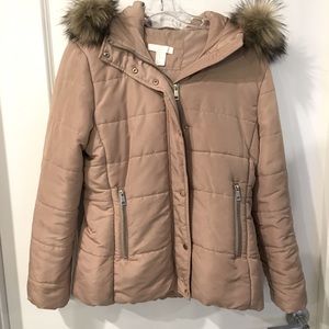 H&M Dusty Pink Faux Fur Hooded Parka. Size Medium